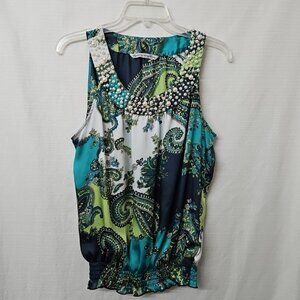 Womens Sz Med Paisley Satin Tank Top Blouse Pearls Office Siren Forest Fairy